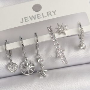 Pirinç Gümüş Renk Sallantı Zirkon Taşlı Yıldız Model Kadın Küpe Seti - Görsel 1
