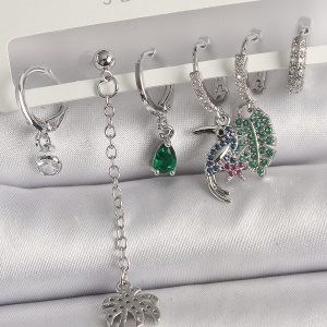 Pirinç Gümüş Renk Sallantı Zirkon Taşlı Ağaç Figür Çoklu Kadın Küpe Seti - Görsel 1