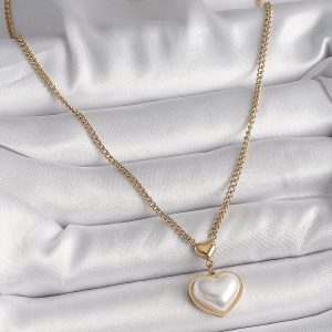 316L Çelik Gold Renk Zincir 3D İnci Kalp Model Kadın Kolye - Görsel 2