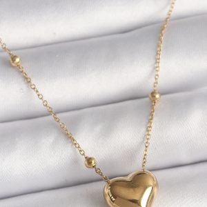 316L Çelik Gold Renk Topçuk Detaylı Zincir Kalp Model Kadın Kolye - Görsel 1