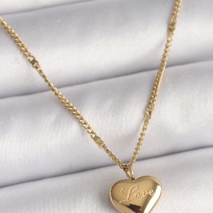 316L Çelik Gold Renk Zincir Love İşlemeli Kalp Figür Kadın Kolye - Görsel 1