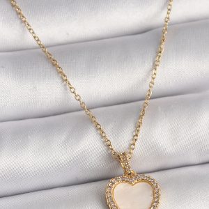 316L Çelik Gold Renk Zincir Zirkon Taşlı Beyaz Mineli Kalp Model Kadın Kolye - Görsel 1