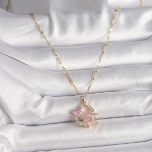 316L Çelik Gold Renk Zincir Pembe Zirkon Taşlı Çiçek Figür Kalp Detay Kadın Kolye - Görsel 2