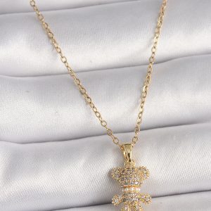 316L Çelik Gold Renk Zincir Zirkon Taşlı Ayıcık Figür Kadın Kolye - Görsel 1