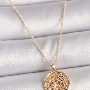 Pirinç Gold Renk Zirkon Taş Detaylı Gül İşleme Madalyon Model Kadın Kolye - Görsel 1