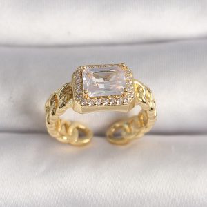 Pirinç Gold Renk Zincir Model Kare Zirkon Taşlı Kadın Yüzük - Görsel 1