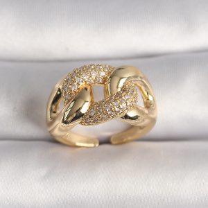 Pirinç Gold Renk Ayarlanabilir Zirkon Taşlı Zincir Model Kadın Yüzük - Görsel 1