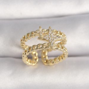Pirinç Gold Renk 2'Li Zincir Zirkon Taşlı Yıldız Figür Kadın Yüzük - Görsel 1