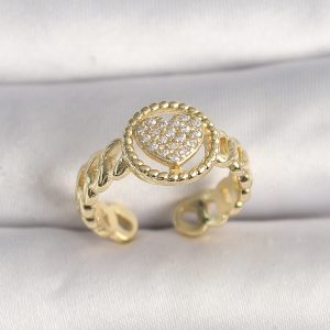 Pirinç Gold Renk Ayarlanabilir Zirkon Taşlı Kalp Model Kadın Yüzük - Görsel 1