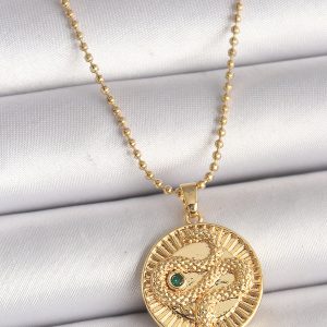 316L Çelik Gold Renk Topçuk Zincir Yılan İşlemeli Zirkon Taş Detaylı Madalyon Model Kadın Kolye - Görsel 1