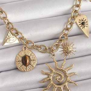 316L Çelik Gold Renk Halka Zincir Model Sallantı Güneş Figür Göz Detay Kadın Kolye - Görsel 1