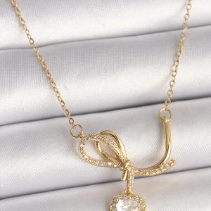 316L Çelik Gold Renk Zincir Zirkon Taşlı Düğüm Sallantı Kalp Model Kadın Kolye - Görsel 1