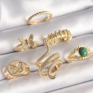 Pirinç Gold Renk İşlemeli Yılan Model Kelebek Detay 6'Lı Kadın Yüzük Seti - Görsel 1