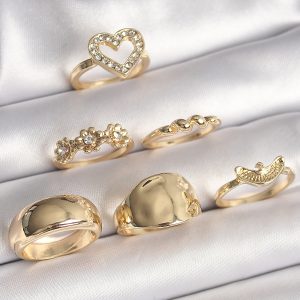 Pirinç Gold Renk Zirkon Taşlı Kalp Figür Kuş Detay 6'Lı Kadın Yüzük Seti - Görsel 1