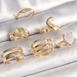 Pirinç Gold Renk Pembe Damla Mineli Sarmal İşleme Detaylı 6'Lı Kadın Yüzük Seti - Görsel 1