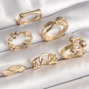 Pirinç Gold Renk Dal İşlemeli Yüzük Topçuk Detay 6'Lı Kadın Yüzük Seti - Görsel 1