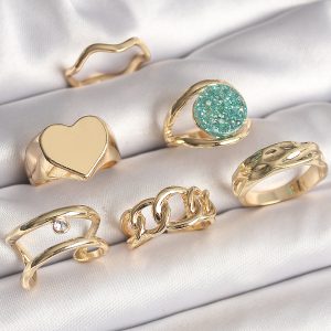 Pirinç Gold Renk Zirkon Taşlı Kalp Plaka Figür Mavi Simli Detay 6'Lı Kadın Yüzük Seti - Görsel 1