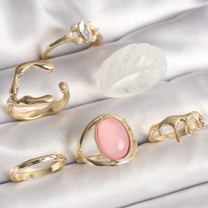 Pirinç Gold Renk Zirkonlı Oval Pembe Mineli 6'Lı Kadın Yüzük Seti - Görsel 1