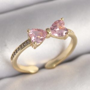 Pirinç Gold Renk Pembe Zirkon Taşlı Kalp Fiyonk Model Kadın Yüzük - Görsel 1