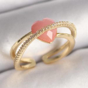 Pirinç Gold Renk Pembe Kristal Kalp Model Zirkon Taş Detaylı Kadın Yüzük - Görsel 1