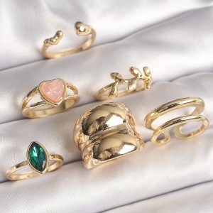 Pirinç Gold Renk Pembe Mineli Kalp Figür Yeşil Zirkon Taşlı 6'Lı Kadın Yüzük Seti - Görsel 1
