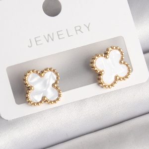 316L Çelik Gold Renk Beyaz Minelik Yonca Model Kadın Küpe - Görsel 1