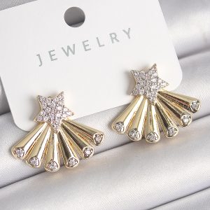 Pirinç Gold Renk Zirkon Taşlı Yıldız Yelpaze Model Kadın Küpe - Görsel 1