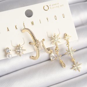 Pirinç Gold Renk Zirkon Taşlı Sallantı Kutup Yıldızı Model VIP Seri Kadın Küpe Seti - Görsel 1