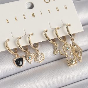Pirinç Gold Renk Zirkon Taşlı Çoklu Sallantı Figür VIP Seri Kadın Küpe Seti - Görsel 1