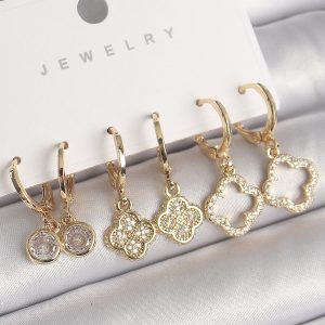 Pirinç Gold Renk Sallantı Zirkon Taşlı Yonca Model Kadın Küpe Seti - Görsel 1