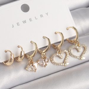 Pirinç Gold Renk Sallantı Zirkon Taşlı Kalp Model Halka Detay Kadın Küpe Seti - Görsel 1