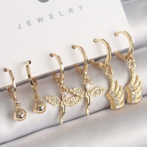 Pirinç Gold Renk Sallantı Zirkon Taşlı Melek Model Kanat Detay Kadın Küpe Seti - Görsel 1