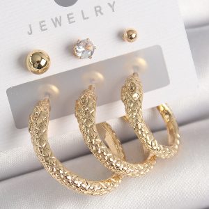 Pirinç Gold Renk Zirkon Taşlı Topçuk Detay Yılan Halka Model Kadın Küpe Seti - Görsel 1