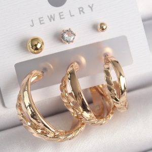 Pirinç Gold Renk 3'Lü Halka Model Zirkon Taş Topçuk Model Kadın Küpe Seti - Görsel 1
