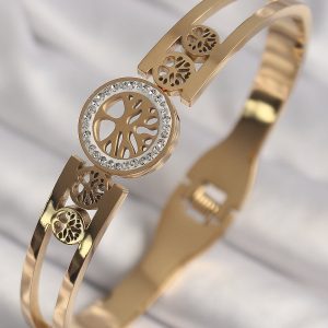 316L Çelik Gold Renk Zirkon Taşlı Yaşam Ağacı Model Kadın Kelepçe - Görsel 1