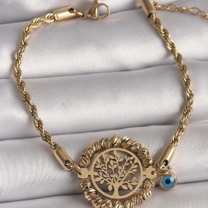 316L Çelik Gold Renk Burgu Zincir Model Dorika Yaşam Ağacı Figür Nazar Boncuk Detay Kadın Bileklik - Görsel 1