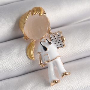 Pirinç Gold Renk Beyaz Mineli Doktor Model Kadın Broş - Görsel 1