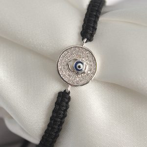 Pirinç Gümüş Renk Zirkon Taşlı Nazar Boncuk İşleme Makrome Asansörlü Model Kadın Bileklik - Görsel 1