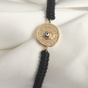 Pirinç Gold Renk Zirkon Taşlı Nazar Boncuk İşleme Makrome Asansörlü Model Kadın Bileklik - Görsel 1