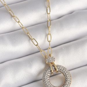 Pirinç Gold Renk Zirkon Taşlı Madalyon Model Kadın Kolye - Görsel 1