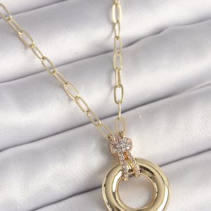 Pirinç Gold Renk Zirkon Taş Detaylı Madalyon Model Kadın Kolye - Görsel 1