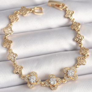 Pirinç Gold Renk Zirkon Taşlı Yonca Model Kadın Bileklik - Görsel 1