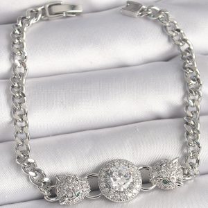 Pirinç Gümüş Renk Zirkon Taşlı Leopar Figür Zincir Model Kadın Bileklik - Görsel 1
