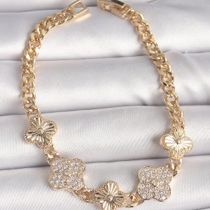 Pirinç Gold Renk Zirkon Taşlı Yonca Model Kadın Bileklik - Görsel 1