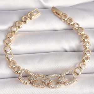 Pirinç Gold Renk Zirkon Taşlı Daire Zincir Model Kadın Bileklik - Görsel 1