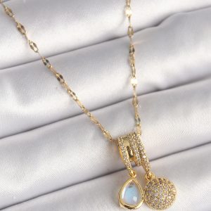 316L Çelik Gold Renk Zincir Zirkon Taşlı Sallantı Mavi Sedefli Damla Figür Kadın Kolye - Görsel 1