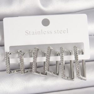 Pirinç Gümüş Renk Zirkon Taşlı Kare 3 Çift Kare Model Kadın Küpe - Görsel 1
