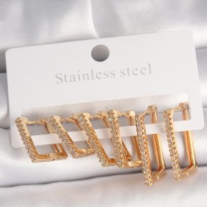 Pirinç Gold Renk Zirkon Taşlı 3 Çift Kare Model Kadın Küpe - Görsel 1
