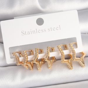 Pirinç Gold Renk Zirkon Taşlı 3 Çift Yıldız Model Kadın Küpe - Görsel 1