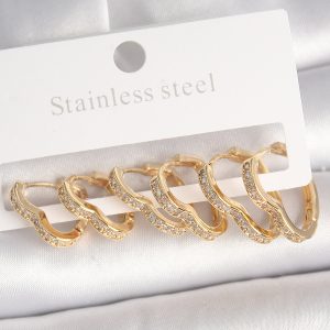 Pirinç Gold Renk Zirkon Taşlı 3 Çift Kalp Model Kadın Küpe - Görsel 1